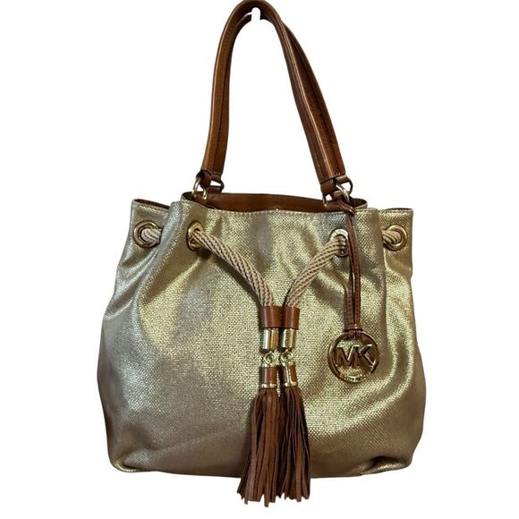 Michael Kors Handbags - Michael Michael Kors Marina Large Metallic Canvas Tote in Gold and Brown